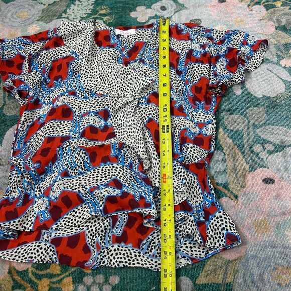 Parker Peplum Top Leopard Silk Small Red White Cheetah Print Ruffle Short Sleeve - Picture 6 of 14